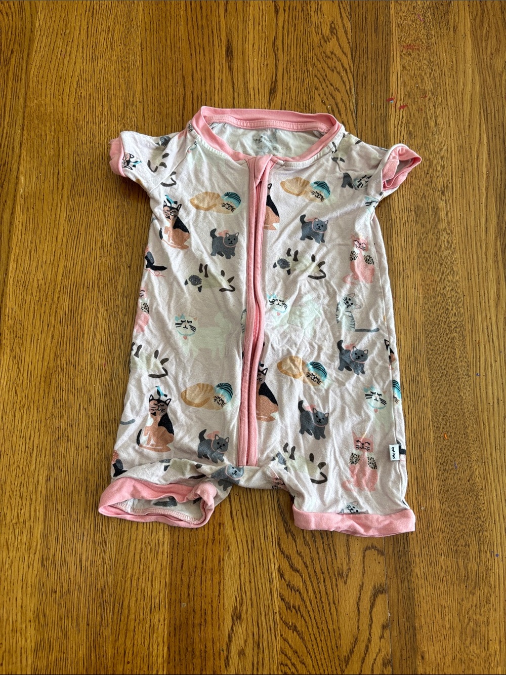 Pink Short-Sleeve Baby Sleep Romper with Cat Print- Little Sleepies